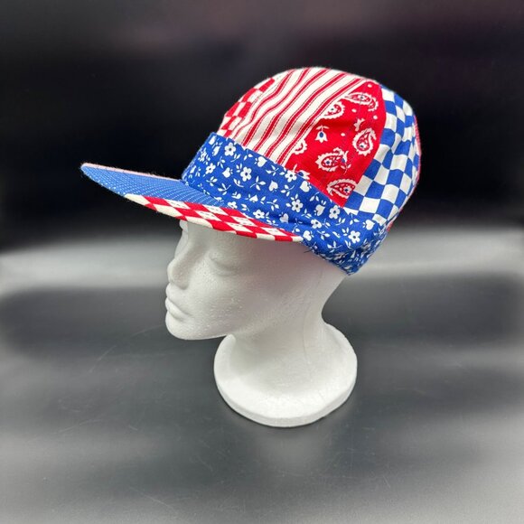 Vintage Hat 1970s Patriotic Patchwork Cap Red White Blue Retro Patriotic 7 1/8 - Picture 1 of 8